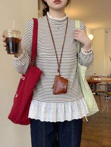 FRIFUL Women's Round Neck All-Over Thin Stripe Loose Petal Sleeve Lace Patchwork Mori Style Long Sleeve T-Shirt Vacation - Khaki - View 7