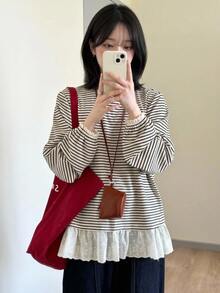 FRIFUL Women's Round Neck All-Over Thin Stripe Loose Petal Sleeve Lace Patchwork Mori Style Long Sleeve T-Shirt Vacation - Khaki - View 1