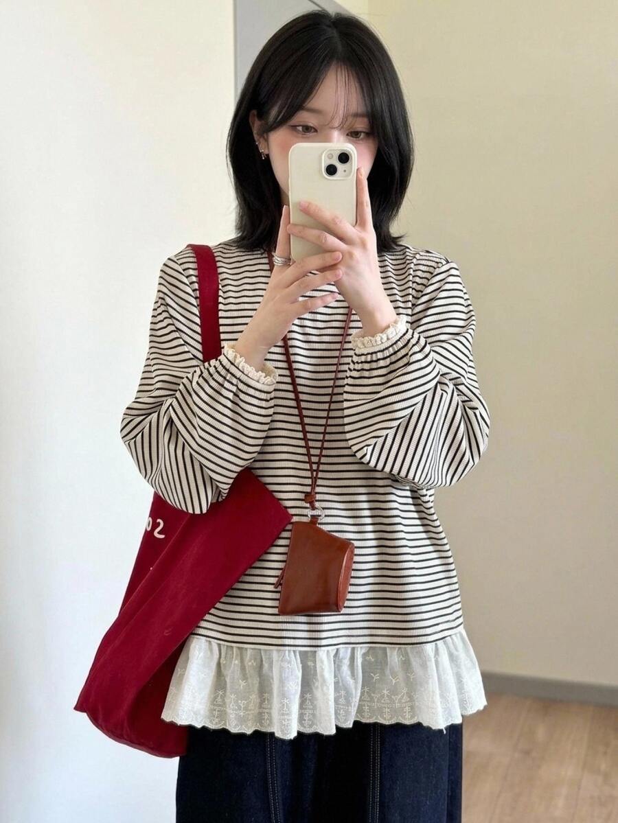 FRIFUL Women's Round Neck All-Over Thin Stripe Loose Petal Sleeve Lace Patchwork Mori Style Long Sleeve T-Shirt Vacation - Khaki - View 1