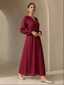 Graceveil 女款休閒端莊優雅寬鬆鏤空刺繡長洋裝，適合日常穿著、洗禮賓客、早晨，紅色，秋季 - 酒紅色 - 查看 7