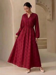 Graceveil 女款休閒端莊優雅寬鬆鏤空刺繡長洋裝，適合日常穿著、洗禮賓客、早晨，紅色，秋季 - 酒紅色 - 查看 6