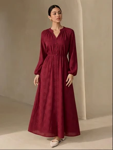 Graceveil 女款休閒端莊優雅寬鬆鏤空刺繡長洋裝，適合日常穿著、洗禮賓客、早晨，紅色，秋季 - 酒紅色 - 查看 4