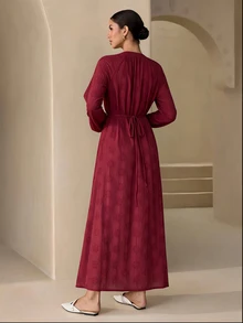 Graceveil 女款休閒端莊優雅寬鬆鏤空刺繡長洋裝，適合日常穿著、洗禮賓客、早晨，紅色，秋季 - 酒紅色 - 查看 3