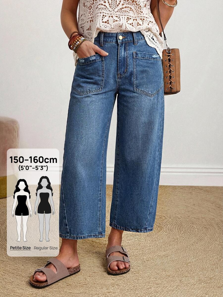 SHEIN PETITE 女款休閒水洗寬鬆牛仔長褲 度假淺藍色秋季款 - 藍色 - 查看 1