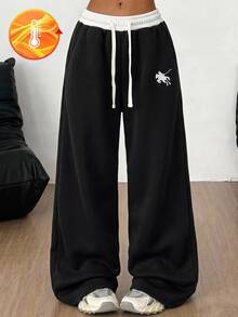 SHEIN Kids Tween Girls Black & White Colorblock Sweatpants With Pony Embroidery, Comfortable Casual Daily School Wear - Black and White - View 7