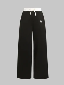 SHEIN Kids Tween Girls Black & White Colorblock Sweatpants With Pony Embroidery, Comfortable Casual Daily School Wear - Black and White - View 3