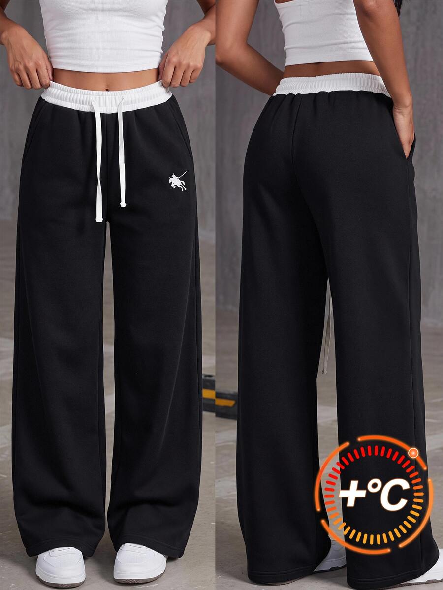 SHEIN Kids Tween Girls Black & White Colorblock Sweatpants With Pony Embroidery, Comfortable Casual Daily School Wear - Black and White - View 1