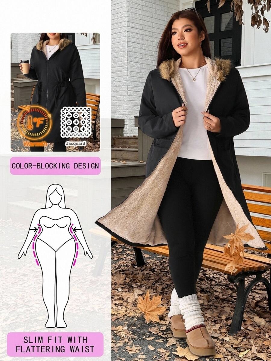 Solflare New Fall/Winter Plus Size Black Mid-Length Adjustable-Waist Hooded Jacket With Fur Collar, Soft Beige Plush Contrast Lining For Outings, Gothic Baggy - Black - View 1