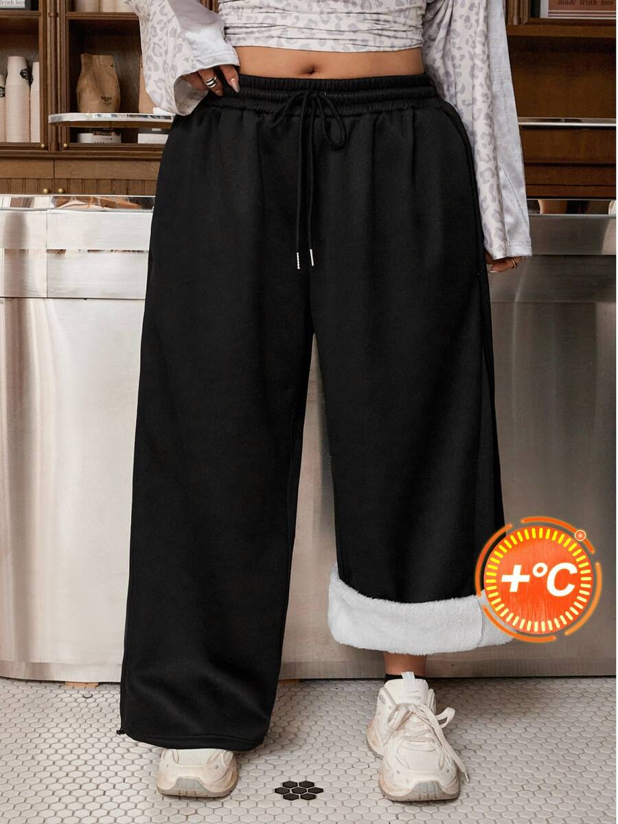 Muchica Plus Size Thermal Lined Comfortable Drawstring Waist Loose Sweatpants Winter - Grey - View 1