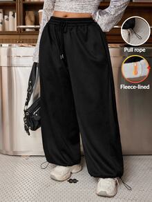 Muchica Plus Size Thermal Lined Comfortable Drawstring Waist Loose Sweatpants Winter - Grey - View 3