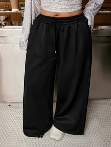 Muchica Plus Size Thermal Lined Comfortable Drawstring Waist Loose Sweatpants Winter - Grey - View 4