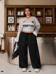Muchica Plus Size Thermal Lined Comfortable Drawstring Waist Loose Sweatpants Winter - Grey - View 5