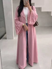 SHEIN Najma Soft Bean Paste Pink Lace Collar Bell Sleeve Outerwear Long Robe, Solid Color Nida Fabric Single Button Front Opening Abaya, Muslim Daily Minimalist Long Dress - Pink - View 2