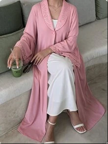 SHEIN Najma Soft Bean Paste Pink Lace Collar Bell Sleeve Outerwear Long Robe, Solid Color Nida Fabric Single Button Front Opening Abaya, Muslim Daily Minimalist Long Dress - Pink - View 5