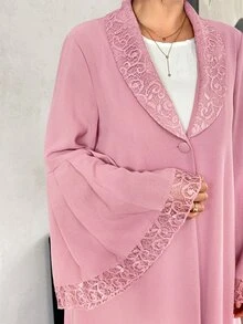 SHEIN Najma Soft Bean Paste Pink Lace Collar Bell Sleeve Outerwear Long Robe, Solid Color Nida Fabric Single Button Front Opening Abaya, Muslim Daily Minimalist Long Dress - Pink - View 6