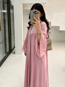 SHEIN Najma Soft Bean Paste Pink Lace Collar Bell Sleeve Outerwear Long Robe, Solid Color Nida Fabric Single Button Front Opening Abaya, Muslim Daily Minimalist Long Dress - Pink - View 4