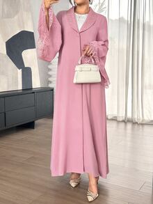 SHEIN Najma Soft Bean Paste Pink Lace Collar Bell Sleeve Outerwear Long Robe, Solid Color Nida Fabric Single Button Front Opening Abaya, Muslim Daily Minimalist Long Dress - Pink - View 9