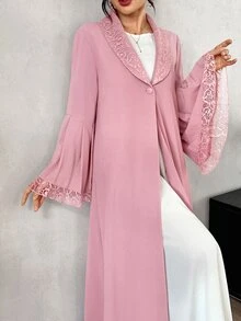 SHEIN Najma Soft Bean Paste Pink Lace Collar Bell Sleeve Outerwear Long Robe, Solid Color Nida Fabric Single Button Front Opening Abaya, Muslim Daily Minimalist Long Dress - Pink - View 8