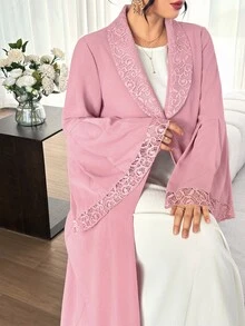 SHEIN Najma Soft Bean Paste Pink Lace Collar Bell Sleeve Outerwear Long Robe, Solid Color Nida Fabric Single Button Front Opening Abaya, Muslim Daily Minimalist Long Dress - Pink - View 7