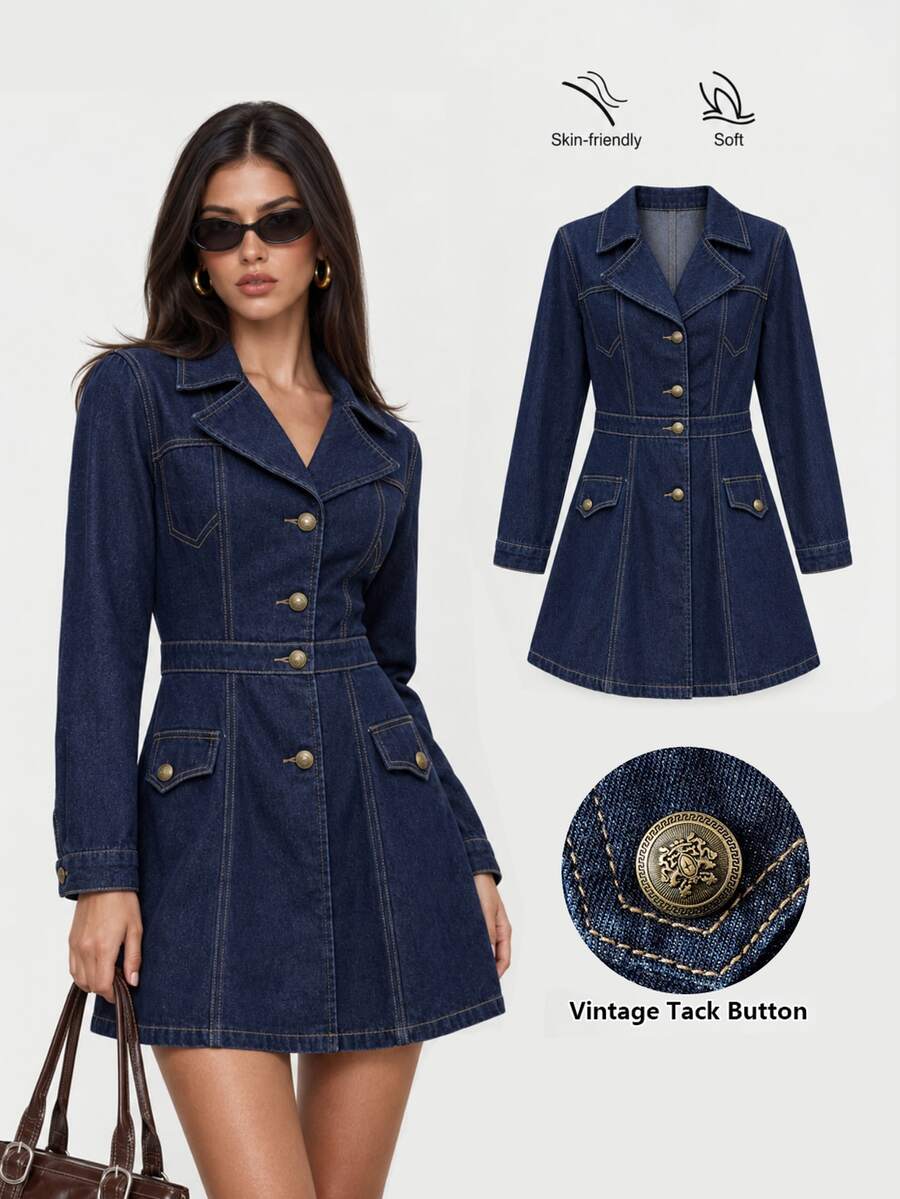 Sweetra Light Luxury Commuter Style Collared Waist Belt Cinched Denim Dress With Contrast Stitching Metal Buckle Long Sleeve A-Line Dress