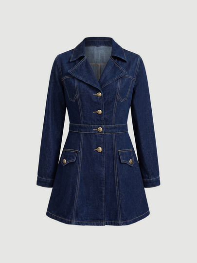 Sweetra Light Luxury Retro Casual Commuter Style Collared Waist Belt Cinched Denim Dress With Contrast Stitching Metal Buckle Long Sleeve Fall