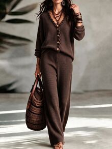 SHEIN Dark Brown Textured-Knit Ruffled V-Neck Button-Front Cardigan + Straight Pants, Loose Casual Country-Style Fall/Winter Set, Thanksgiving City Break - Chocolate Brown - View 4