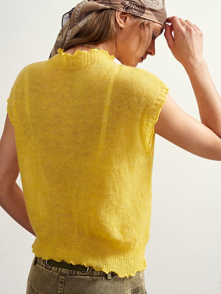 Bohemela Women's Casual Vacation Ribbed Frill Trim Sweater - Yellow - View 7