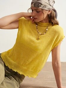 Bohemela Women's Casual Vacation Ribbed Frill Trim Sweater - Yellow - View 2