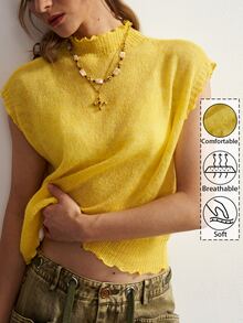 Bohemela Women's Casual Vacation Ribbed Frill Trim Sweater - Yellow - View 1