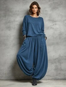 SHEIN 秋季 2 件套居家休閒波西米亞優雅外出舒適面料基礎 T 恤與休閒長褲度假鋼藍色 - 藏蓝色 - 查看 1
