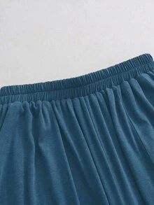 SHEIN 秋季 2 件套居家休閒波西米亞優雅外出舒適面料基礎 T 恤與休閒長褲度假鋼藍色 - 藏蓝色 - 查看 7
