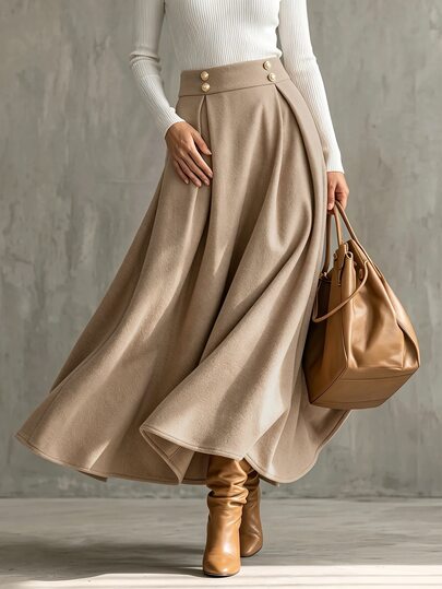 SHEIN High Waist Double Button Wool Blend Skirt Women Autumn Winter Khaki Color Hip Covering A-Line Full Flare Vintage Umbrella Skirt