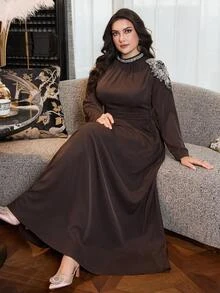 Modelyn Plus Size Women's Faux Pearl Decor Casual Party Dress - Coffee Brown - View 1