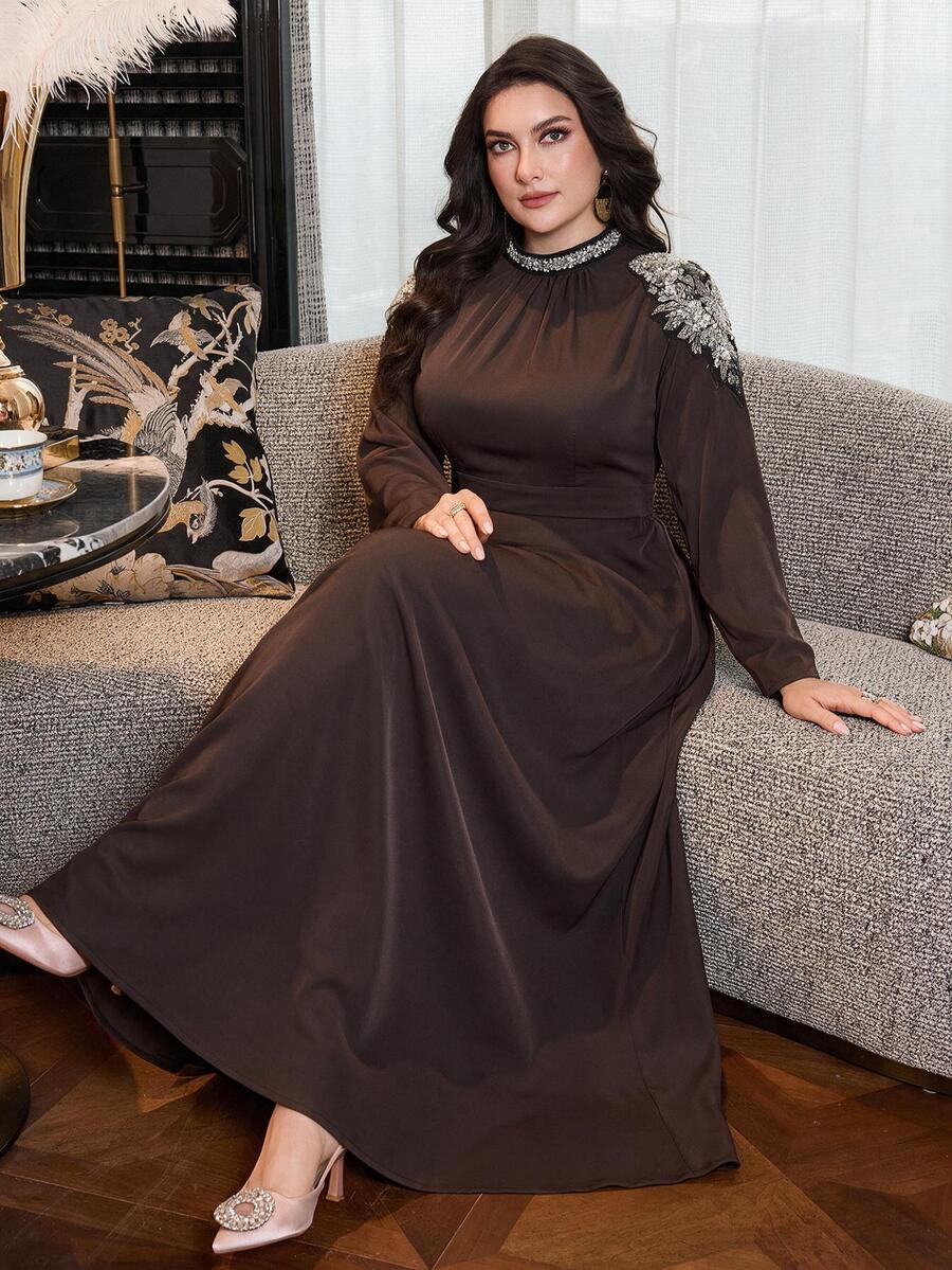Modelyn Plus Size Women's Faux Pearl Decor Casual Party Dress - Coffee Brown - View 1