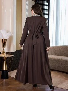 Modelyn Plus Size Women's Faux Pearl Decor Casual Party Dress - Coffee Brown - View 2