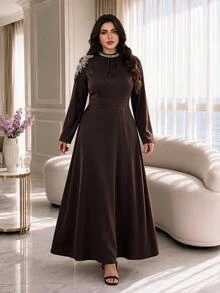 Modelyn Plus Size Women's Faux Pearl Decor Casual Party Dress - Coffee Brown - View 3