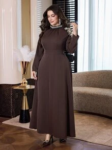 Modelyn Plus Size Women's Faux Pearl Decor Casual Party Dress - Coffee Brown - View 5