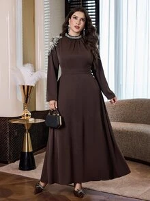 Modelyn Plus Size Women's Faux Pearl Decor Casual Party Dress - Coffee Brown - View 4