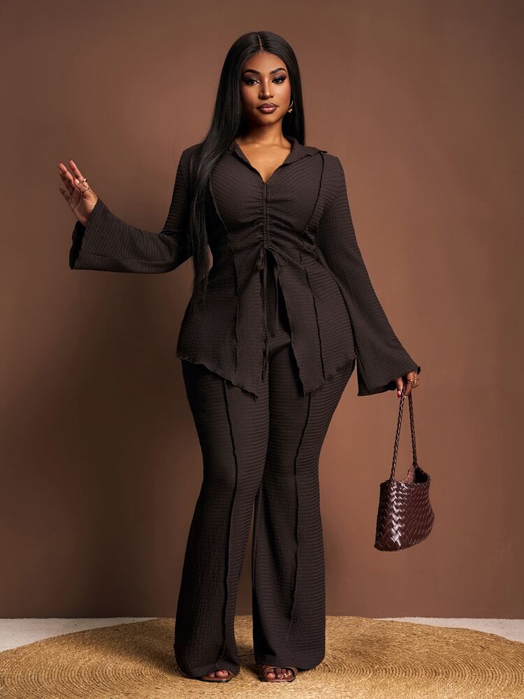 Zivah Plus Size Women Chocolate Brown Autumn Elegant 2 Pieces Set, Collared Tie-Front Flare Sleeve Cardigan & Elastic Waist Wide Leg Pants Suit Set Fall - Chocolate Brown - View 8