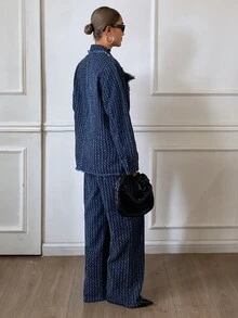 Livesso 女款條紋長袖夾克與長褲休閒優雅街頭風日常早午餐約會牛仔套裝 秋季海軍藍 - 深色水洗藍 - 查看 2