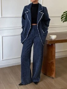 Livesso 女款條紋長袖夾克與長褲休閒優雅街頭風日常早午餐約會牛仔套裝 秋季海軍藍 - 深色水洗藍 - 查看 3