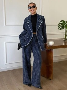 Livesso 女款條紋長袖夾克與長褲休閒優雅街頭風日常早午餐約會牛仔套裝 秋季海軍藍 - 深色水洗藍 - 查看 1
