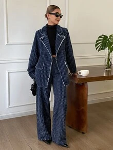 Livesso 女款條紋長袖夾克與長褲休閒優雅街頭風日常早午餐約會牛仔套裝 秋季海軍藍 - 深色水洗藍 - 查看 4
