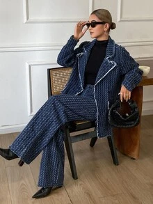 Livesso 女款條紋長袖夾克與長褲休閒優雅街頭風日常早午餐約會牛仔套裝 秋季海軍藍 - 深色水洗藍 - 查看 6