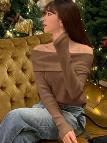 DAZY Women's Solid Color Cold Shoulder Cold Shoulder Knit T-Shirt White Spring Autumn Long Sleeve Tops - Khaki - View 5