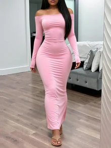 INAWLY Solva Women's Solid Color Off-Shoulder Long Sleeve Fitted Long Elegant Dress Fall Cloth For Women - Pink - View 4