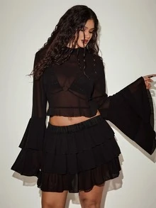 Orbivine Plus Size Elegant Goth Sexy Semi-Sheer Bell Sleeve Cropped Top And Skirt 2 Pieces Set Halloween Club Party Black - Black - View 6