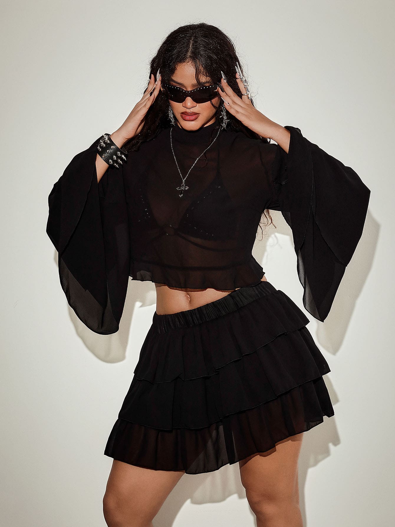 Orbivine Plus Size Elegant Goth Sexy Semi-Sheer Bell Sleeve Cropped Top And Skirt 2 Pieces Set Halloween Club Party Black - Black - View 1