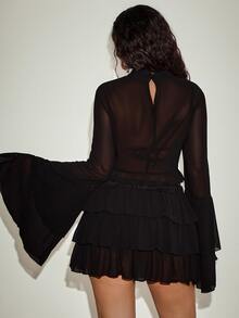 Orbivine Plus Size Elegant Goth Sexy Semi-Sheer Bell Sleeve Cropped Top And Skirt 2 Pieces Set Halloween Club Party Black - Black - View 5