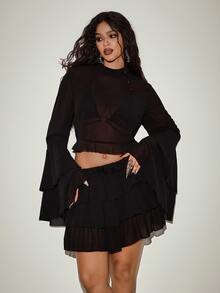 Orbivine Plus Size Elegant Goth Sexy Semi-Sheer Bell Sleeve Cropped Top And Skirt 2 Pieces Set Halloween Club Party Black - Black - View 2